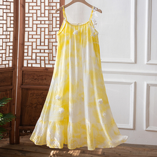 云南手工草木染黄色扎染法式立体花朵连衣裙女夏季海边度假吊带裙