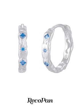 RecoPan蓝色轨迹/ 原创极简百搭通勤通体纯银锆石耳扣耳环