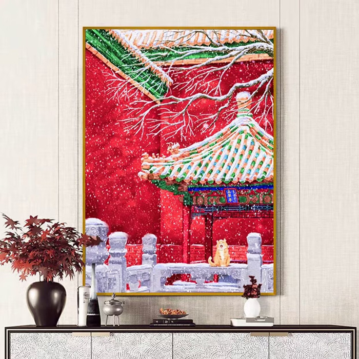 中国风故宫初雪印花十字绣线绣满钻客厅手工风景钻石画刺绣自己绣