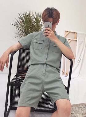 新款夏季纯色短袖短裤连体衣潮男潮女日系bf风ins短款连体套装