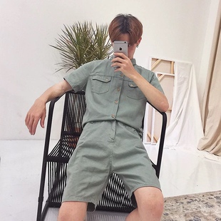 新款夏季纯色短袖短裤连体衣潮男潮女日系bf风ins短款连体套装