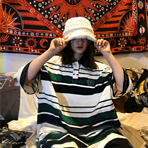 美式复古奇卡诺Chicano个性条纹Polo衫嘻哈西海岸宽松翻领短袖T恤