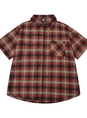 美式西海岸经典oldschool衬衫经典弧形下摆纯色渐变格子短T袖衬衣