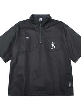 美式西海岸奇卡诺半开拉链套头工装衬衣衫短袖夏季休闲翻领半袖男