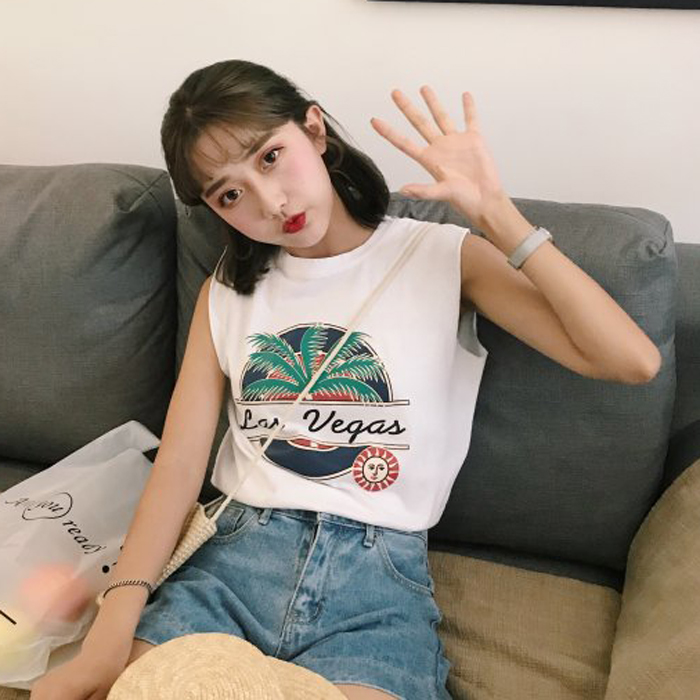 2018夏韩版ulzzang宽松无袖T恤女外穿复古背心学生bf原宿风上衣潮