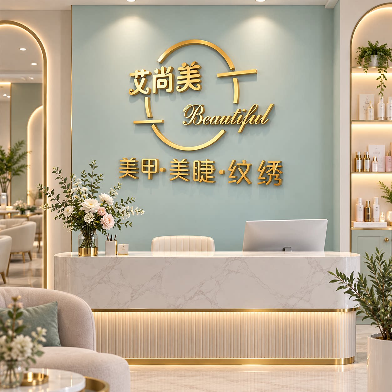 美甲店铺美容养生馆墙面装饰美容院前台背景墙3d立体亚克力字设计