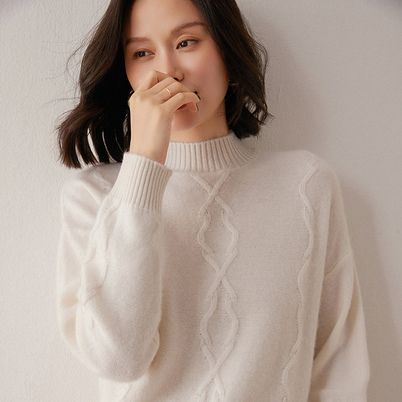 MQL429高端女士羊绒衫半高领扭花提花针织毛衣秋冬内搭外穿气质款