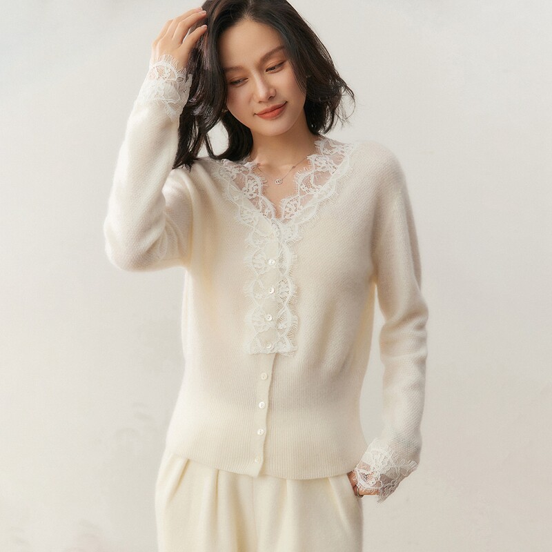 BM58003秋冬女士羊绒开衫蕾丝V领花边针织上衣温柔风通勤内搭外穿