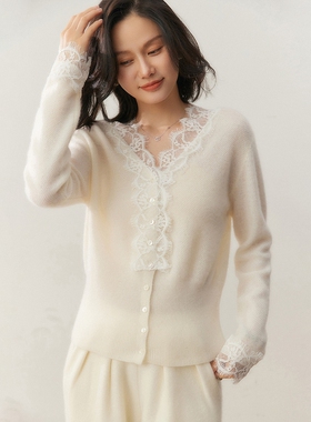 BM58003秋冬女士羊绒开衫蕾丝V领花边针织上衣温柔风通勤内搭外穿