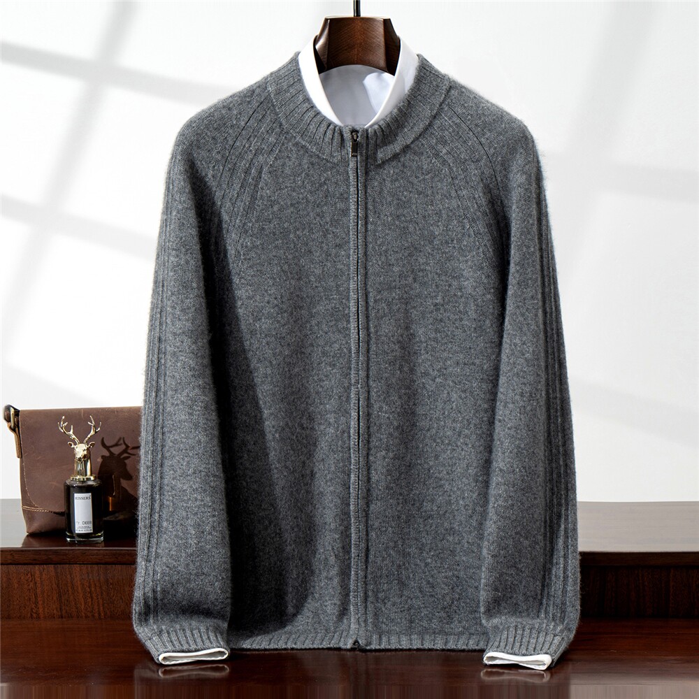 BO8044秋冬男士羊绒双拉链开衫外套圆领软糯亲肤休闲针织保暖毛衣