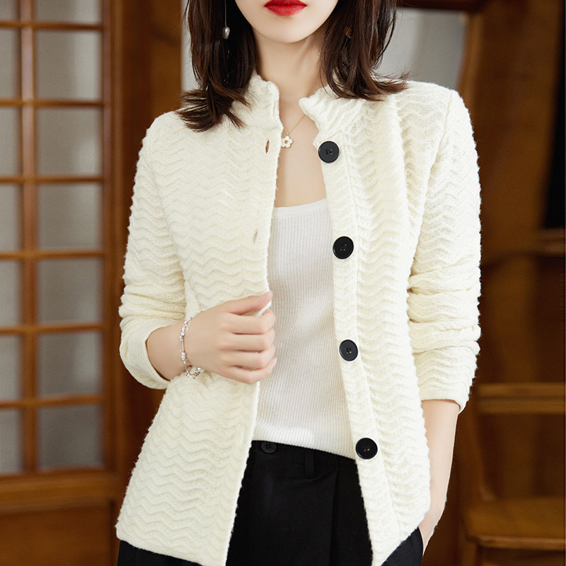 SET2211气质松弛感 女100%羊毛针织开衫波浪纹理软糯亲肤百搭外套
