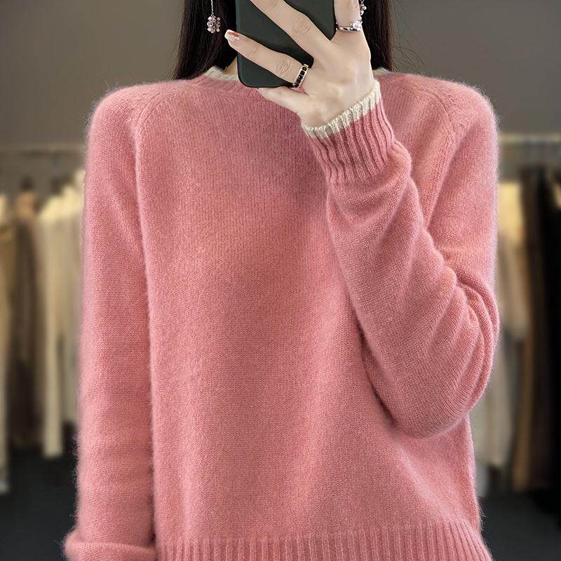 MT8143女士100%纯羊毛23新款女圆领套头宽松百搭休闲羊毛衫长袖