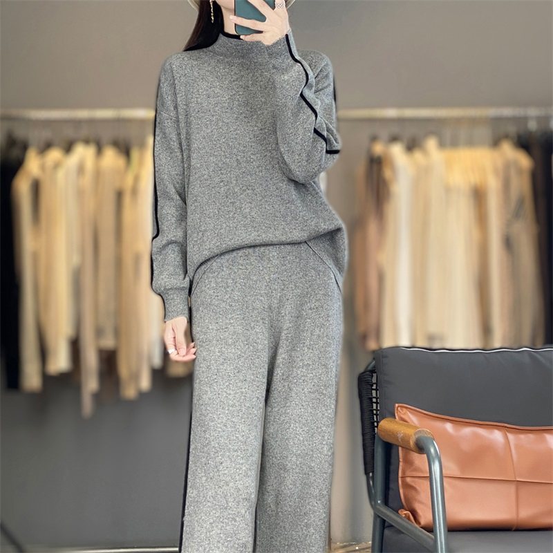 WZ877秋冬女100%羊毛加厚针织套装 半高领上衣+阔腿裤休闲两件套