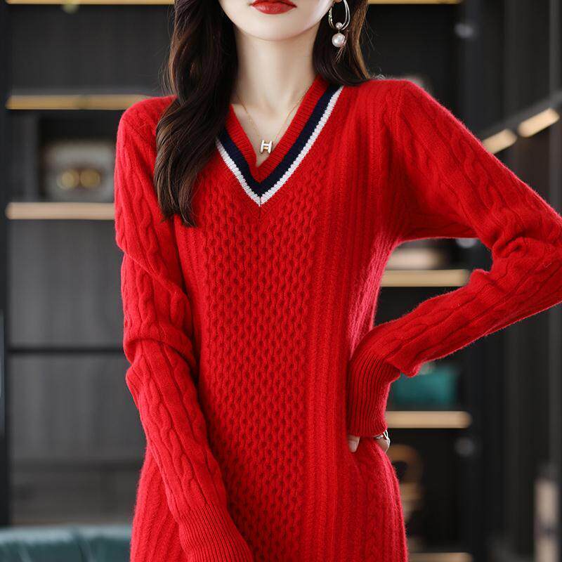 MT8060,100%纯羊毛连衣裙V领加厚麻花中长款羊毛衫