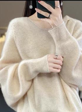 MT8173纯羊毛100%女连帽卫衣2023年秋冬新款蝙蝠袖带帽针织羊毛衫