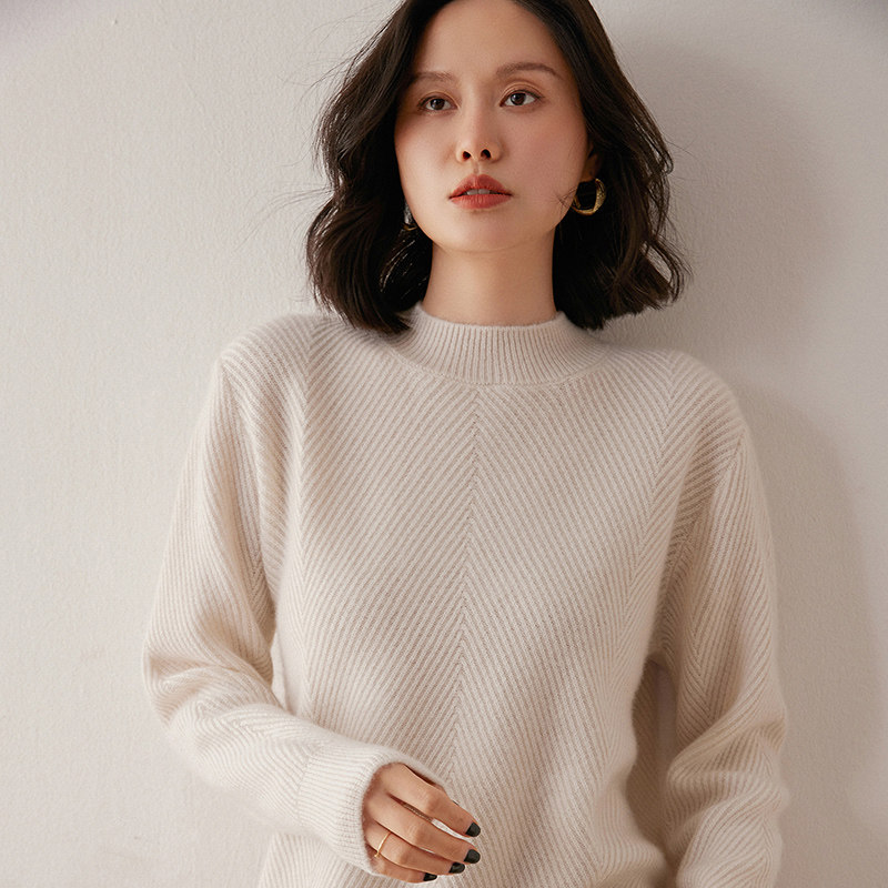 MQL424女士红色斜纹羊绒针织衫新年氛围感毛衣 宽松百搭打底衫