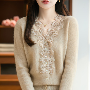 BM25062春秋女士100%羊毛慵懒风蕾丝拼接针织开衫V领薄款小开衫