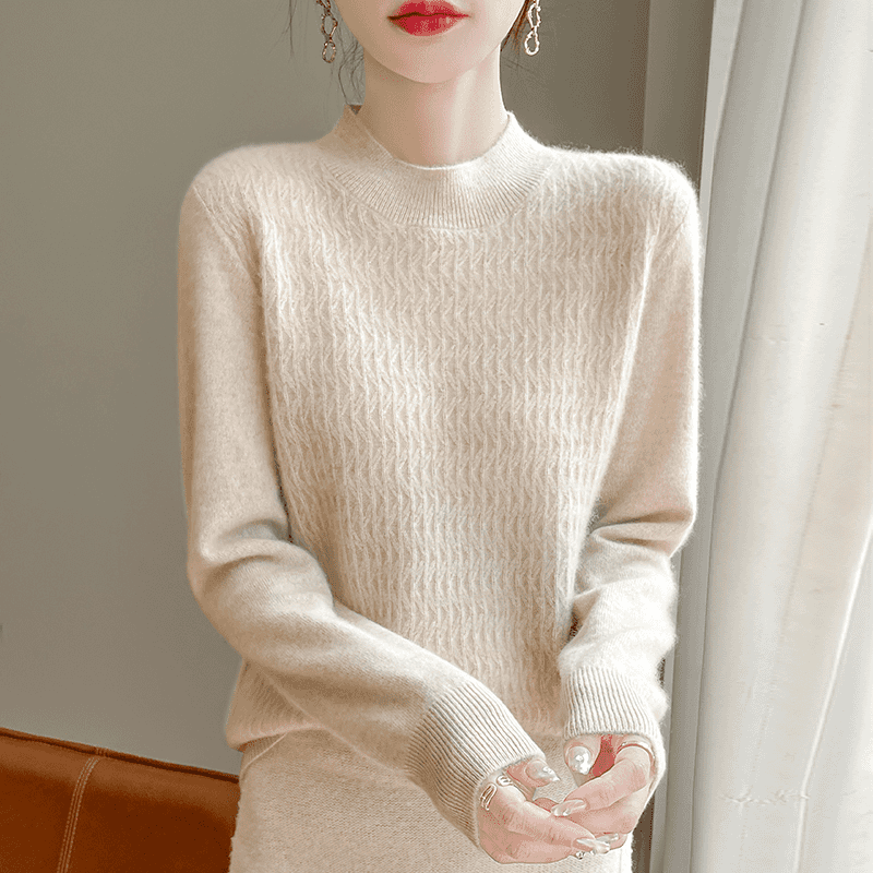 JS132秋冬款女士100%羊毛衫波浪纹上衣毛衣百搭纯色圆领针织衫