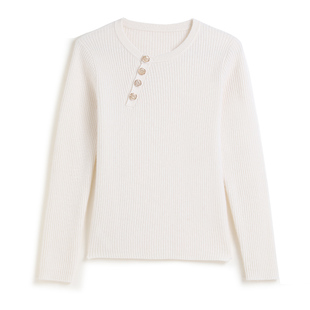 SD803不对称斜扣坑条针织衫女士羊绒感修身圆领长袖打底衫秋冬款