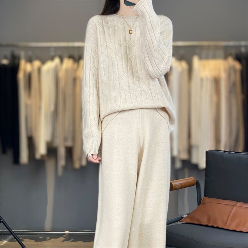 WZ832秋冬女100%羊毛针织套装 圆领毛衣+阔腿裤温柔风亮片两件套