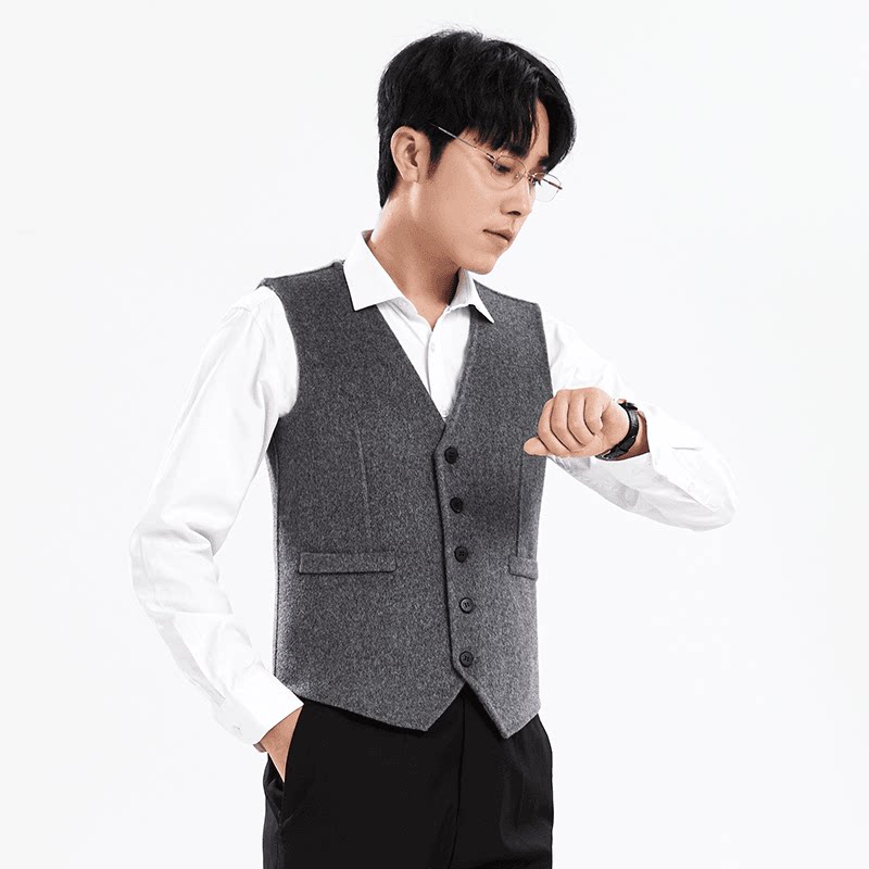 MRJY6021春秋西装马甲男坎肩加厚保暖纯羊毛背心V领双面呢马夹