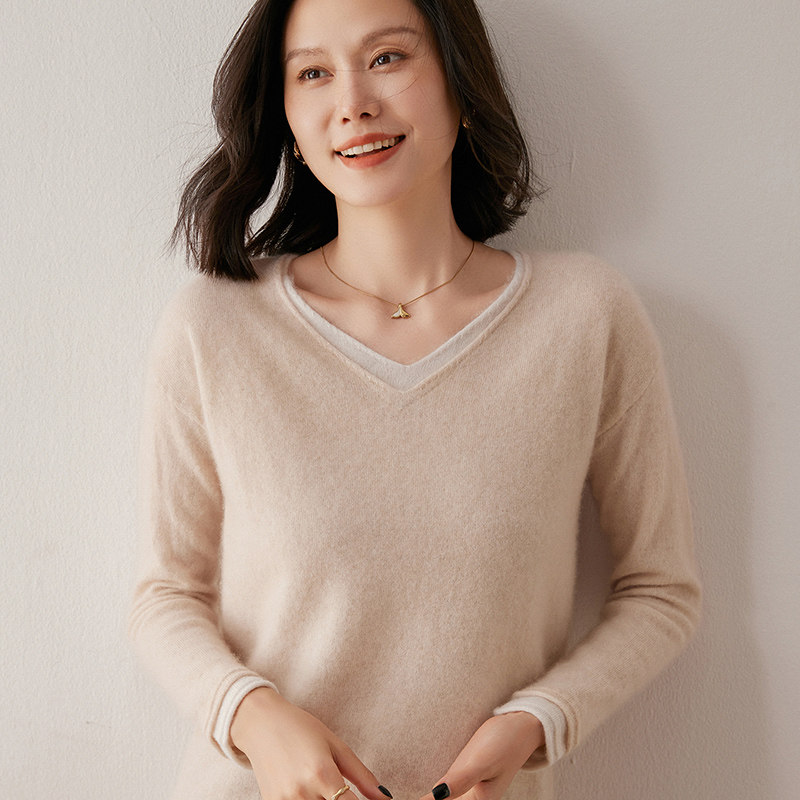 MQL434秋冬假两件羊绒衫女V领宽松软糯亲肤套头毛衣气质针织上衣