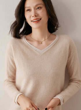 MQL434秋冬假两件羊绒衫女V领宽松软糯亲肤套头毛衣气质针织上衣