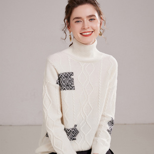 YZL2342秋冬女士羊绒复古绞花纹高领针织衫 撞色补丁慵懒风毛衣