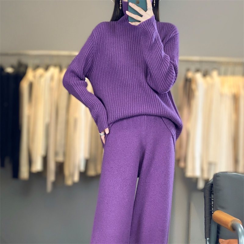 WZ876秋冬女100%羊毛针织套装 高领坑条毛衣+阔腿裤慵懒风两件套