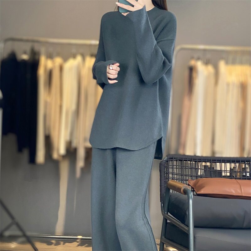 WZ851秋冬女100%羊毛重工加厚空气层针织套装 宽松简约休闲两件套