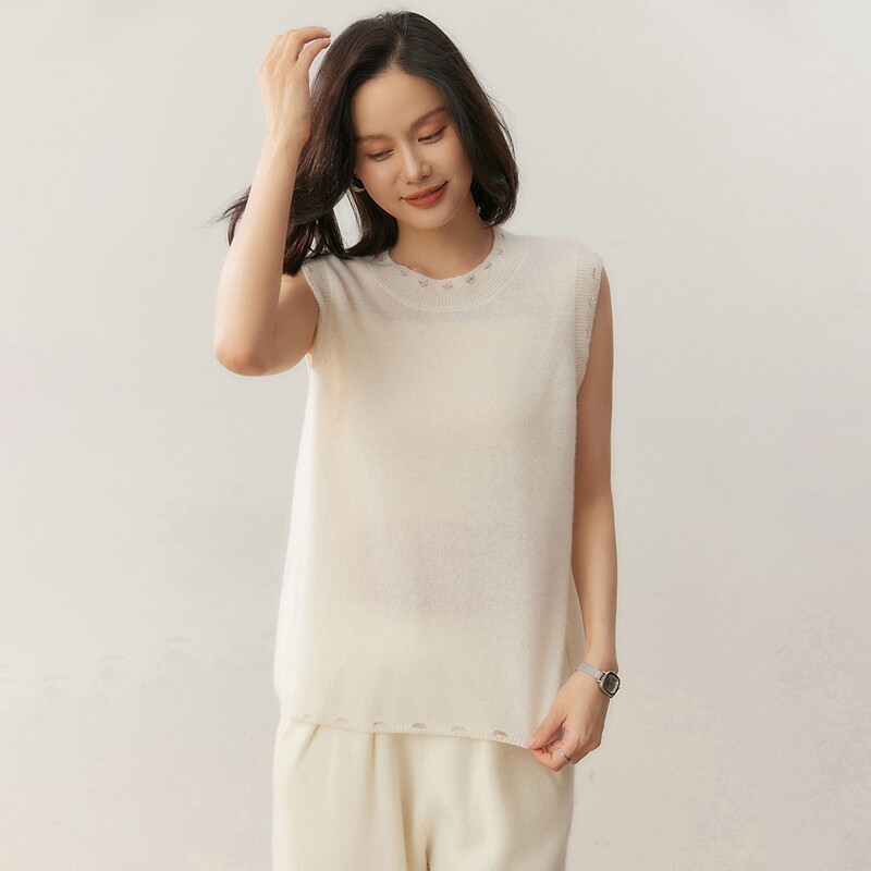 BM58006女士羊绒无袖背心 领口下摆破洞针织内搭秋冬叠穿打底衫