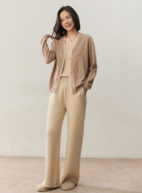 BM58014女士保暖羊绒拼边开衫V领单排扣软糯针织上衣秋冬通勤外搭