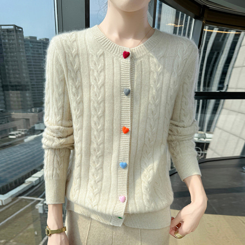 GM664彩扣麻花保暖针织开衫女软糯羊绒外套 秋冬百搭洋气圆领上衣
