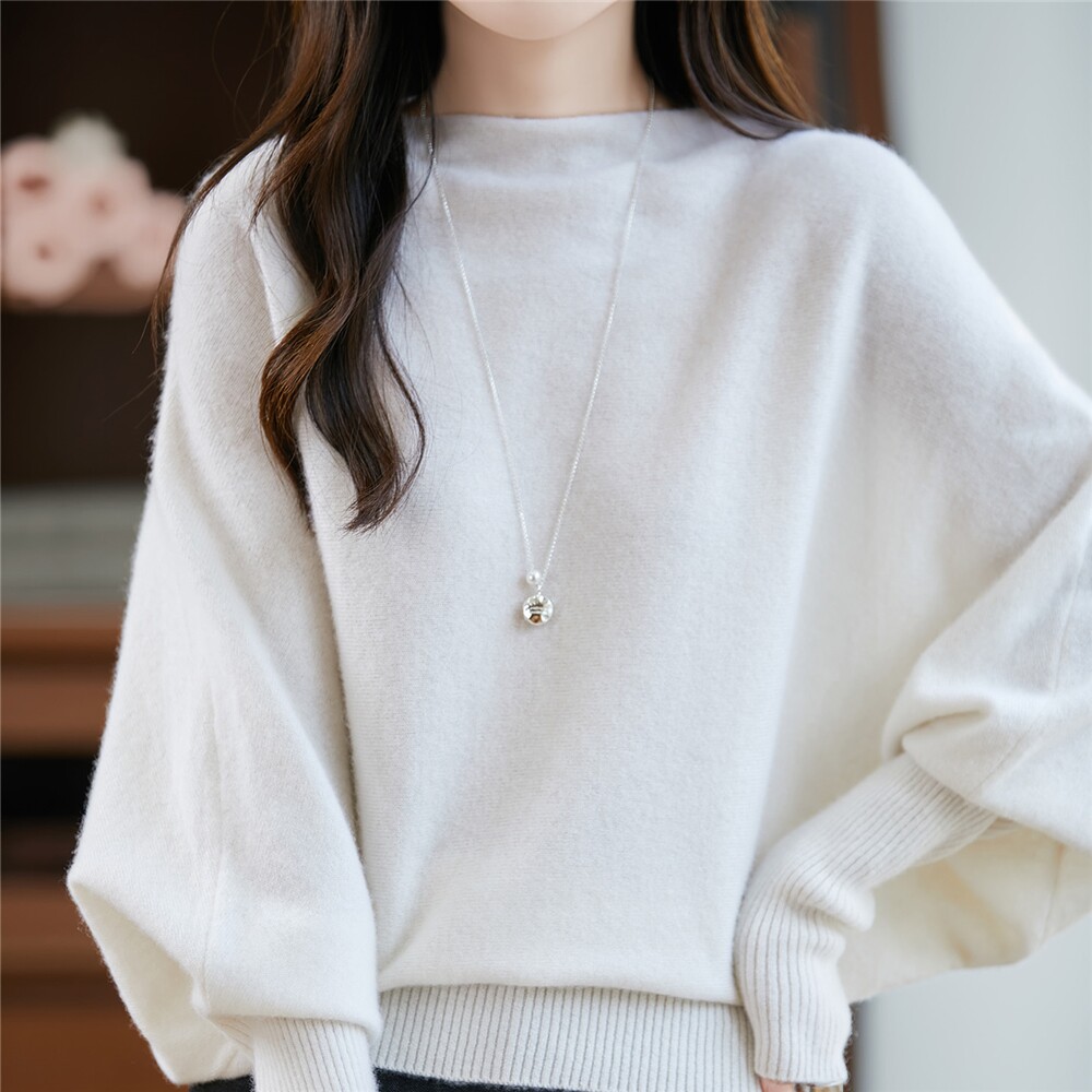 YYY2538秋冬女士100%羊毛蝙蝠针织衫 半高领宽松慵懒风灯笼袖毛衣