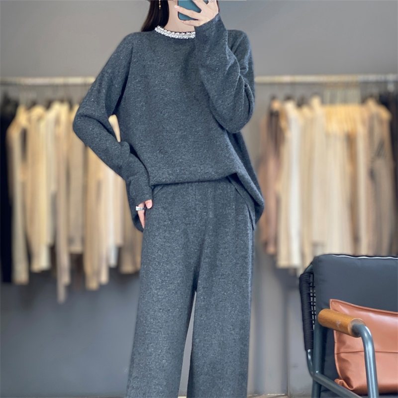 WZ880秋冬女100%羊毛镶钻领针织套装宽松毛衣+阔腿裤高级感两件套