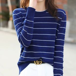 WRM032春秋薄款 精纺羊毛女日常穿搭挑孔条纹打底圆领套头针织毛衣