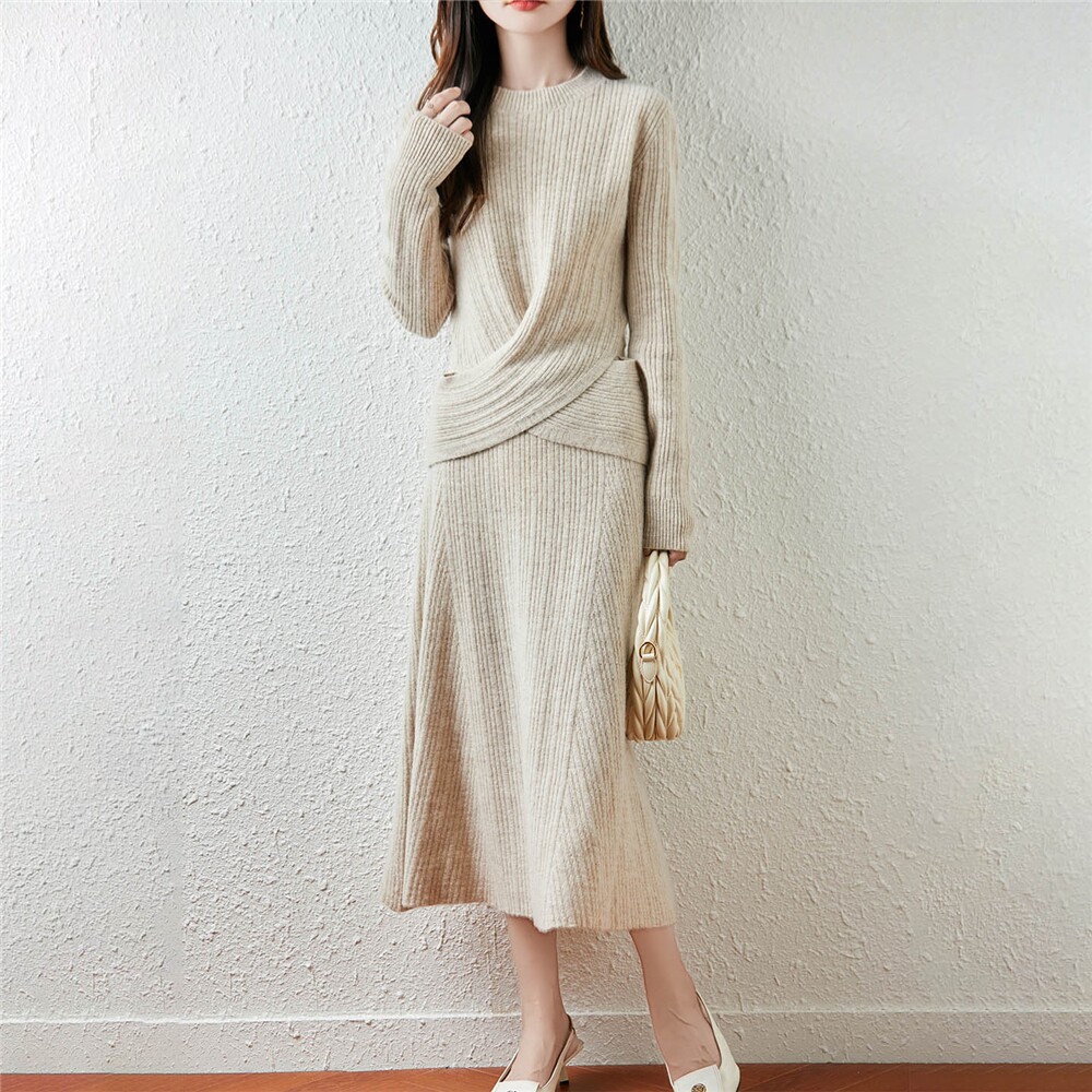 YYY2565高级感100%羊毛针织套装女秋冬圆领上衣+鱼尾半身裙两件套