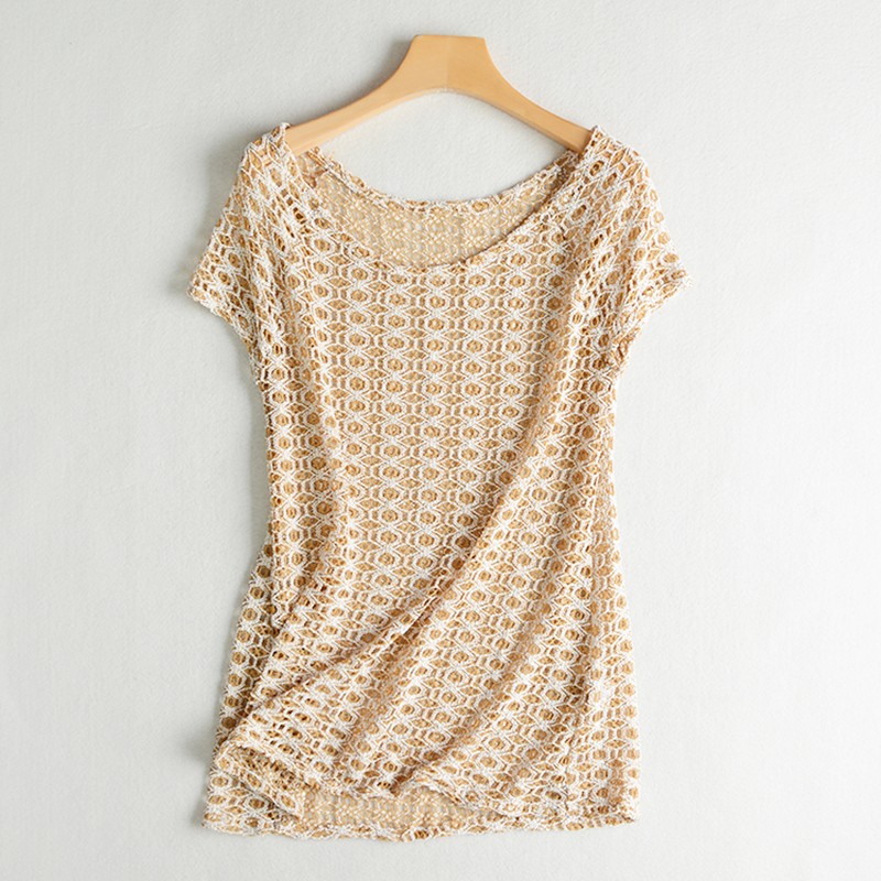 e6-4初秋时尚女针织镂空洞洞网眼修身罩衫落肩无袖圆领显瘦t恤衫