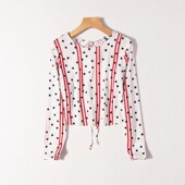 2夏季 系带露背长袖 新品 E71 女波点竖条纹圆领短款 性感时尚 雪纺衫