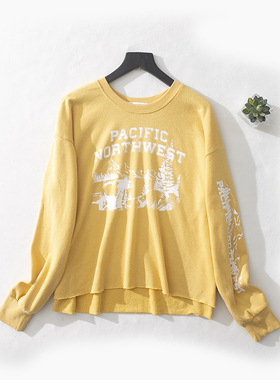 E46-3秋季新品女装印花黄色宽松大码长袖毛边圆领拉绒短款薄卫衣