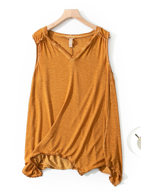 H64-3夏季单件包邮新款女装不规则宽松黄色水洗做旧无袖吊带背心