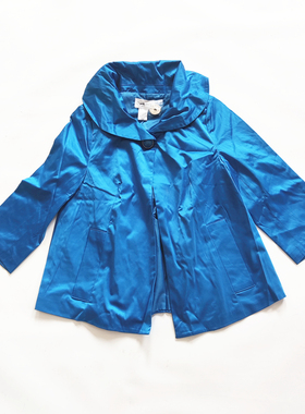 D4-2秋款清仓包邮女外贸亮蓝色翻领一粒扣斗篷开衫休闲风衣短外套