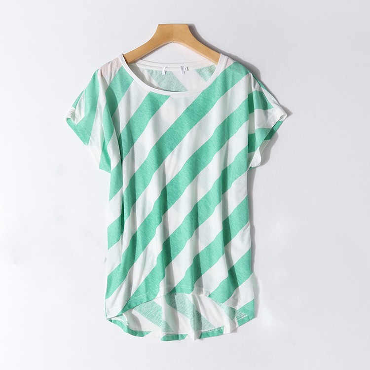 E36-1夏季清仓女装清新斜条纹圆领棉混纺上衣宽松大码蝙蝠袖T恤衫