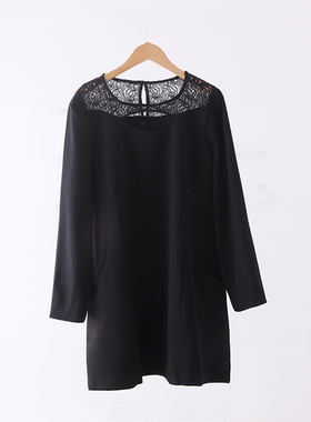 D26-4春秋款单件包邮女黑色蕾丝镂空拼接圆领宽松a字长袖厚连衣裙