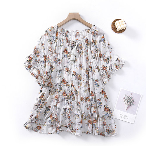 宽松文艺衬衫短袖碎花色系带圆领