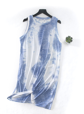 DH55-2春季新款女装做旧蓝色扎染交叉打结宽松圆领无袖背心连衣裙