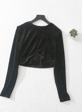 H4-2新品春秋款圆领显瘦小衫短款黑色金丝绒弹力长袖打底T恤上衣