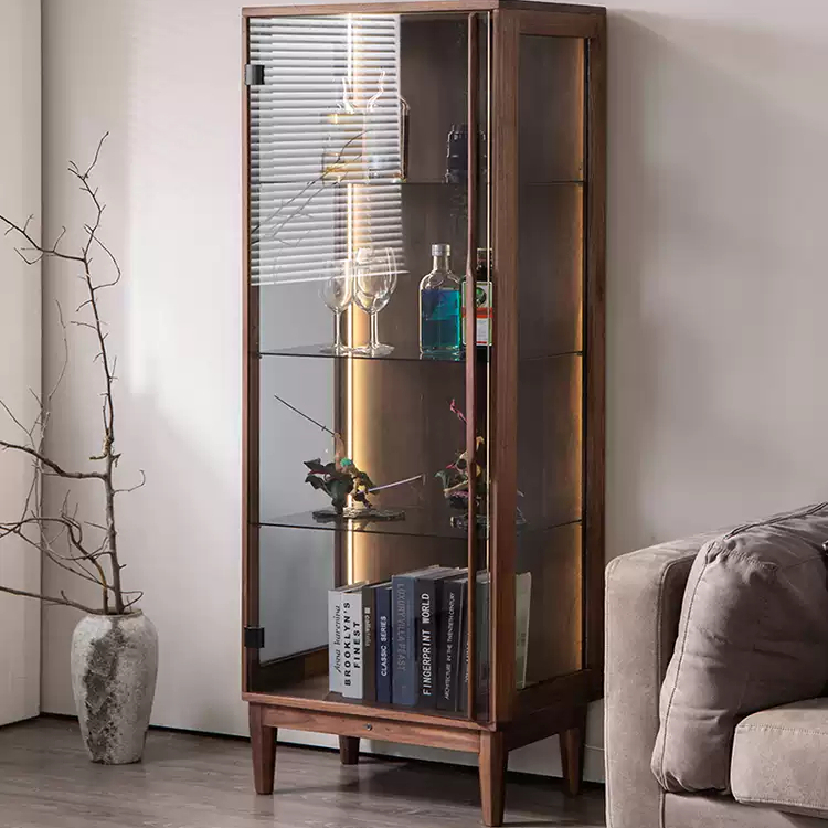 黑胡桃木玻璃手办柜展示柜实木书柜防尘带柜门收纳储物柜客厅酒柜