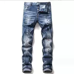 European and American Style Embroidered Personality Splatter Ink Jeans for Men, Slim Fit, Ripped, with Badges, Distressed Fashion Long Pants