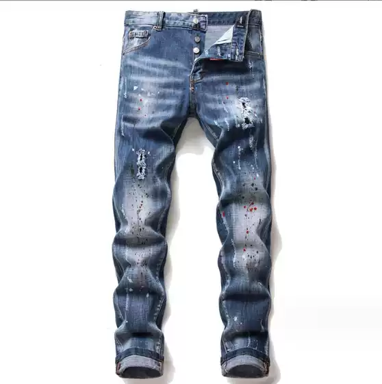 European and American Style Embroidered Personality Splatter Ink Jeans for Men, Slim Fit, Ripped, with Badges, Distressed Fashion Long Pants